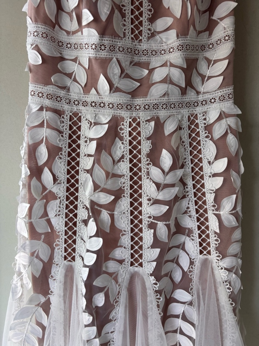 Bronx and Banco White Lace Appliqué Maxi Gown with Nude Lining - Picture 4 of 12